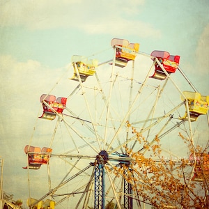 Vintage Ferris Wheel Photo, Carnival Photography, nursery wall art, blue & yellow, red, kids room decor