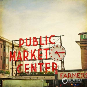 Pikes Market Seattle Photography, historical clock sign, red and beige