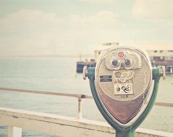 Fishermans Wharf Binoculars Photograph, pastel blue beige wall art, vintage nautical baby nursery print, beach wall art