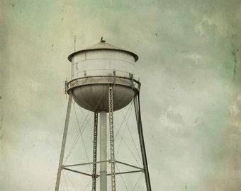 Water Tower Photography, vintage, historic landscape wall art, aqua, grey, home decor, print
