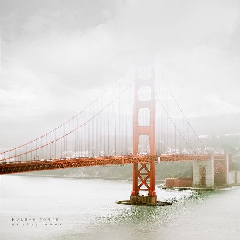 San Francisco Photography, Golden Gate Bridge, black and white, red, grey, wall art, California decor, architecture image 1