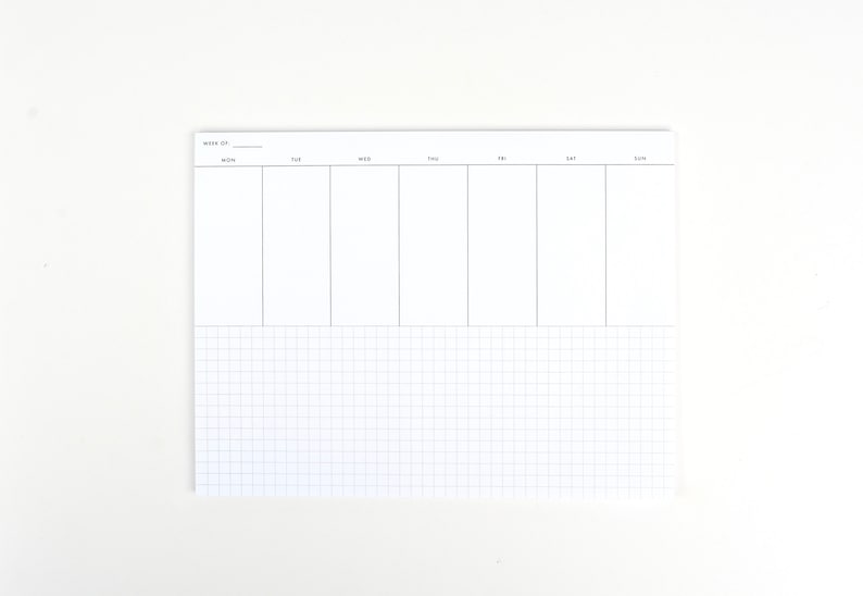 May include: A weekly planner with a gridded section at the bottom and a blank section at the top divided into seven columns labelled with the days of the week.