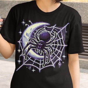 Cosmic Spider Web Halloween T-Shirt, Pixel Art Moonlit Design, Gothic Spooky Spider Tee, Unisex Cotton, Creepy Cosmic Gift for Him Her