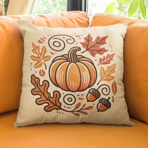 Whimsical Fall Throw Pillow, Pumpkin and Leaves Design, Double-Sided Print, Cozy Autumn Decor, Perfect for Living Room or Bedroom