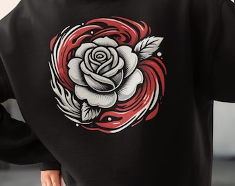 Gothic White Rose Hoodie, Red Flames, Unisex Floral Sweatshirt