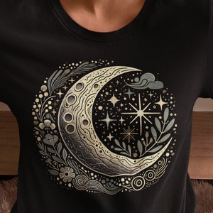 Mystical Crescent Moon T-Shirt, Boho Whimsigoth Celestial Art Tee, Starry Night Lunar Graphic, Cosmic Moon Phases Shirt, Gift for Her