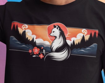 Mystical Kitsune Fox Graphic T-Shirt, Japanese Mythology Tee