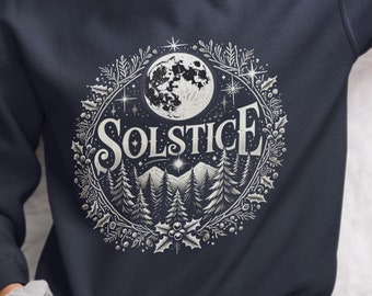 Winter Solstice Sweatshirt, Moon and Forest Design, Cozy Unisex Pullover, Pagan Yule Gift, Seasonal Nature Apparel, Mystical Holiday Style