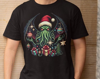 Cthulhu Christmas Pixel Art T-Shirt, Festive Lovecraft Holiday Design, Cosmic Horror Santa Tee, Perfect Gift for Gamers & Horror Fans