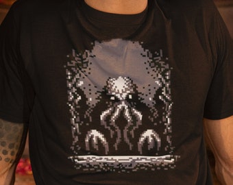 Cthulhu Lovecraftian Pixel Art T-Shirt, Retro Gamer Dark Fantasy Tee, Unisex Cotton, Unique Geek Apparel, Gift for Him, Nerdy Horror Shirt