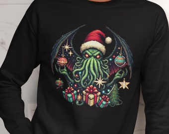 Cthulhu Christmas Pixel Art Sweatshirt, Festive Lovecraft Holiday Crewneck, Cozy Cosmic Horror Sweater, Unique Gift for Gamers & Horror Fans