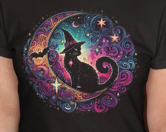 Whimsigoth Katze T-Shirt, Celestial Moon Design, Gothic Kleidung