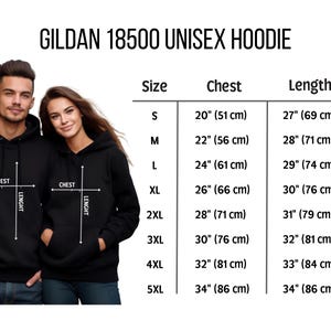 May include: Size chart for a unisex Gildan 18500 hoodie, showing chest and length measurements in inches and centimeters for sizes S through 5XL.