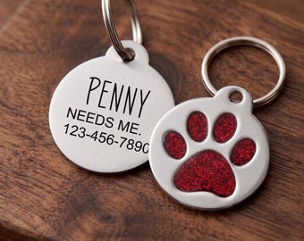 Glitter Paw Dog ID Tag | Custom Engraved Stainless Steel | Personalized Sparkle Pet Tag | Dog Mom Gift