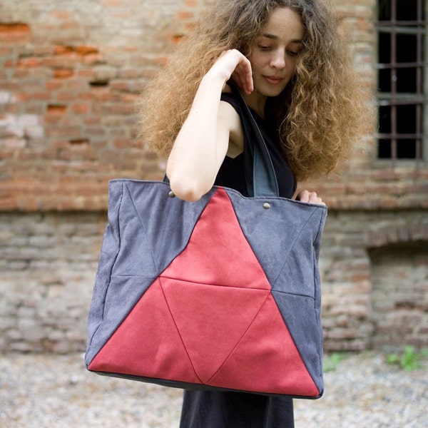 OOAK. Triangle bag in gray and sweet red. Vegan bag