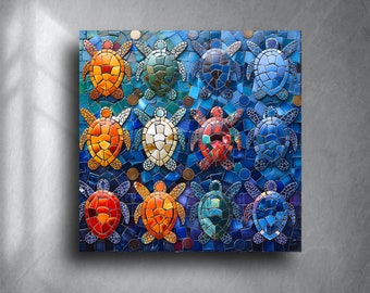 Mosaic Turtle Wall Art: Tempered Glass Ocean Decor