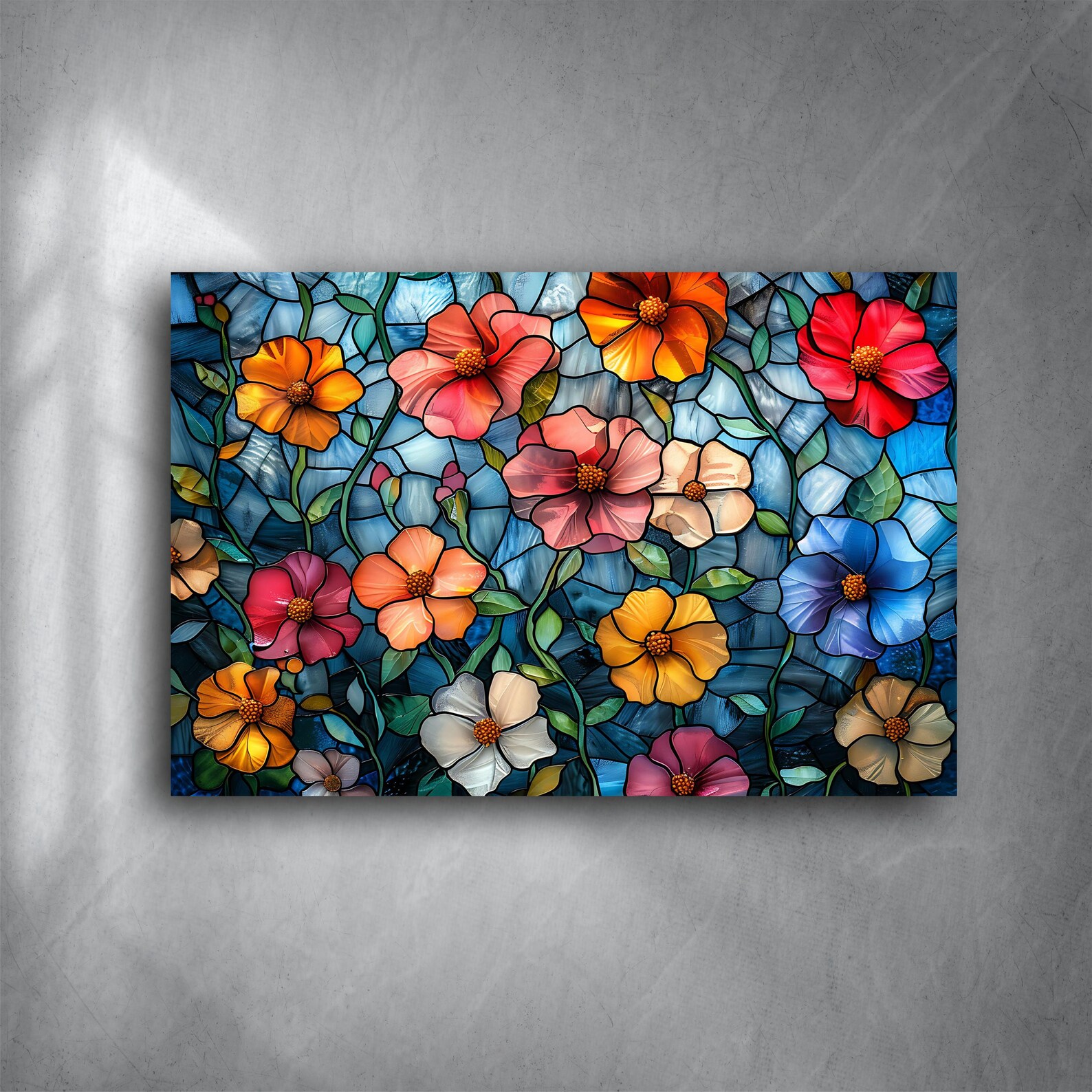 Stained Glass Floral Design Wall Hanging - Vibrant Flowers With Green
