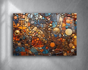 Vibrant Mosaic Artwork: Tempered Glass Wall Art, Blue & Orange Tiles