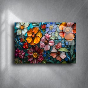 Arte mural floral de vidrio templado: Decoración con estampado floral multicolor