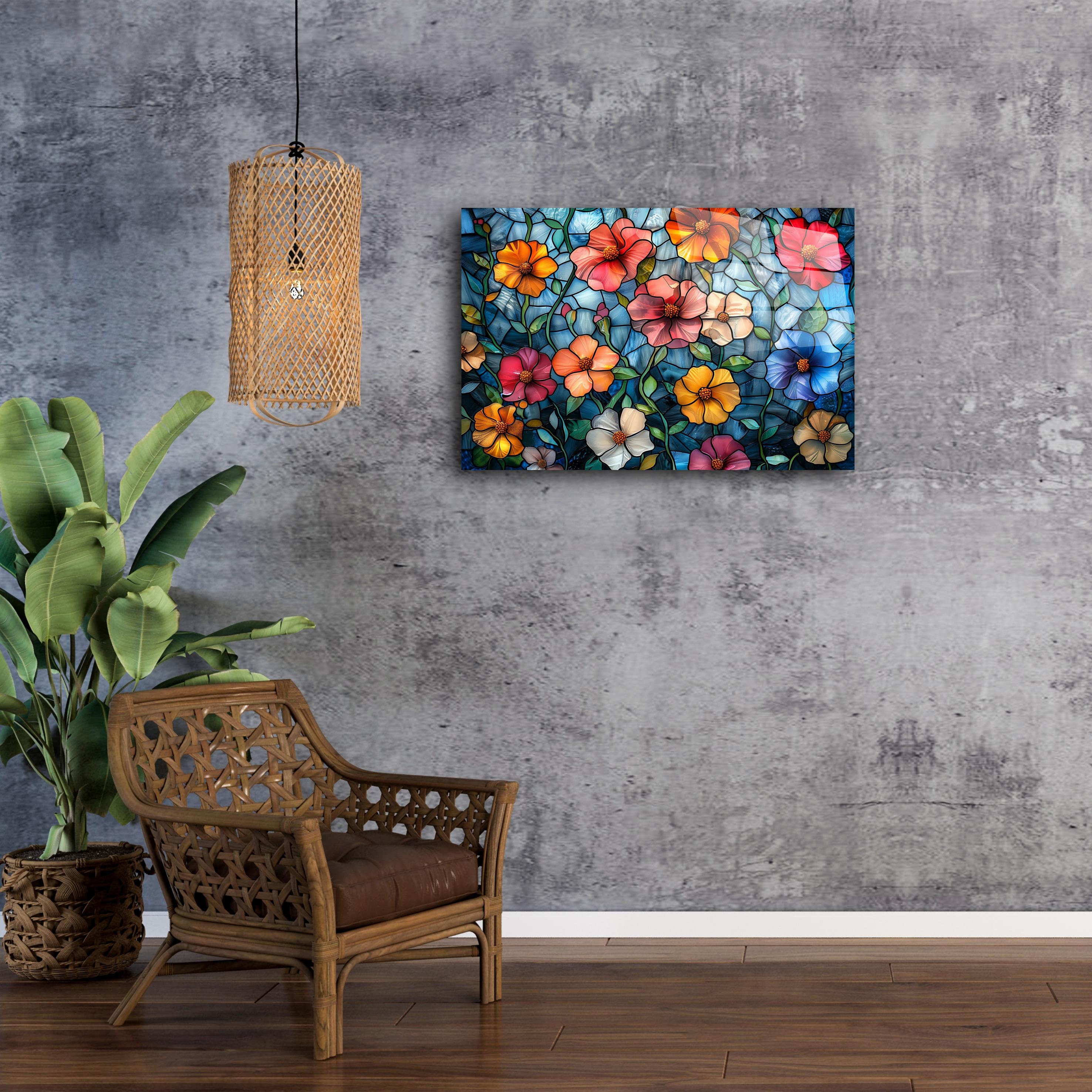 Stained Glass Floral Design Wall Hanging Vibrant Flowers With Green