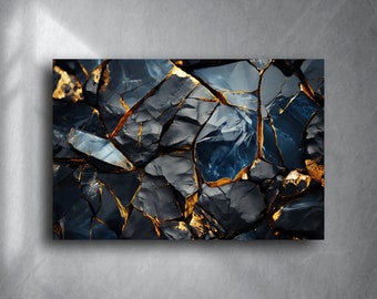 Blue and Gold Abstract Tempered Glass Wall Art: Modern Home Decor
