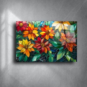 Arte de vitral con girasoles: decoración floral colorida de vidrio templado para pared