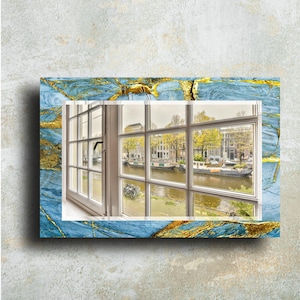 Luxury Tempered Glass Wall Mirror, Modern Decorative Mirror, Blue Gold Marble Print, Elegant Home Decor, Living Room Accent, Kitchen Mirror