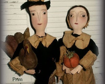 Primitive Thanksgiving Pilgrim Dolls, Turkey and Pumpkin -  Mailed Pattern