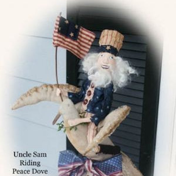 Primitive Folk Art Patriotic Uncle Sam Rides a Peace Dove-  Mailed Pattern