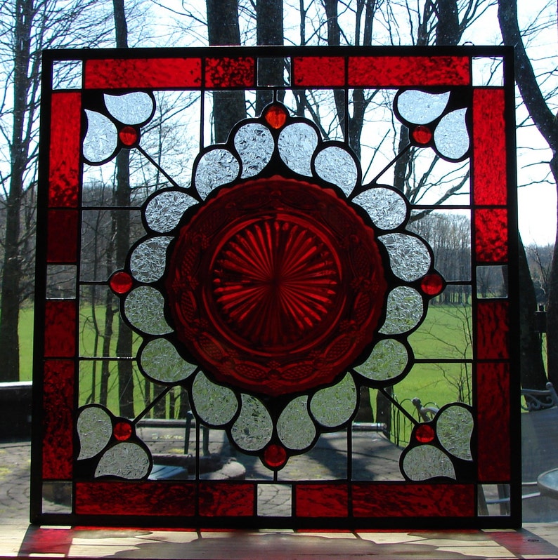 Stained glass panel window plate Ruby Tribute Avon Cape Cod Etsy