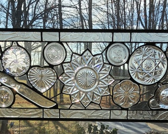 Grandma's Kitchen glassware panel antique vintage stain glass window