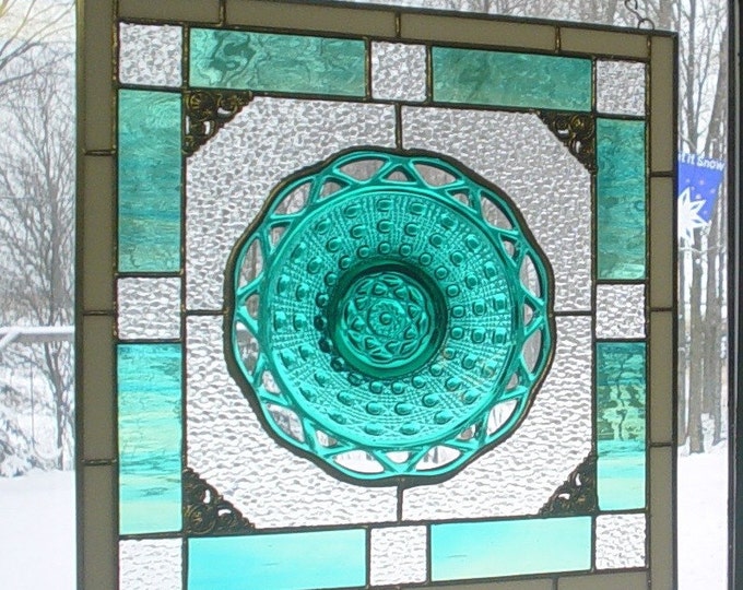 Lacey Teal Stained Glass Plate Panel Etsy