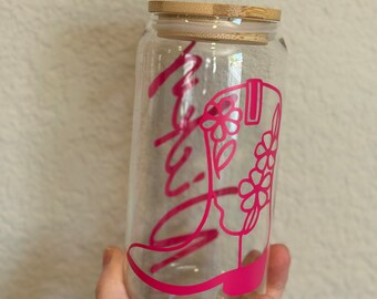 Cowgirl, cowgirl boot cup, glass cup, name cup, personalized cup, coffee glass cup, gift for her, birthday gift, pink, pink mug, pink cup