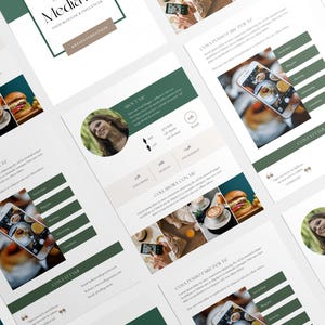 Può includere: Un modello di media kit digitale con un layout pulito caratterizzato da accenti verde scuro e beige. Include sezioni per una foto profilo, statistiche dei social media, metriche di coinvolgimento e contatti in un documento professionale.
