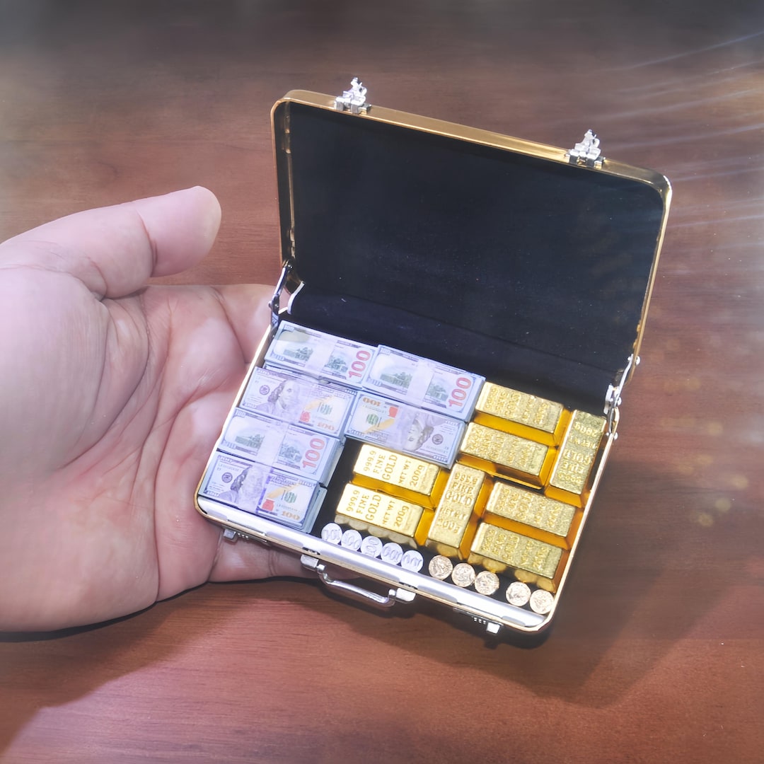 Mini Gold Briefcase Set 1:6 Scale – Includes 8 Gold Bars, 12 hundred Dollar Bills, 10 Vintage Coins – Adult Novelty & Dollhouse Accessories
