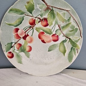 May include: A white ceramic plate with a raised relief design of cherries and leaves. The cherries are red and pink, and the leaves are green. The rim of the plate has a light green border with a floral pattern.