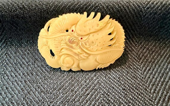 Hand Carved Mother of Pearl Dragon Pin Brooch