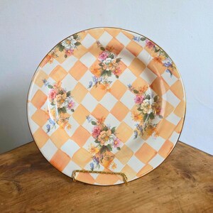 Gingham Checkered Floral Pattern Serving Platter Hand Painted Pottery Terracotta Ceramic Gold Rim Charger Plate Farmhouse Cottage Style Vintage Kitchen Wall Display Peach White Design Dining Accent Hostess Gift Housewarming Present Ornate