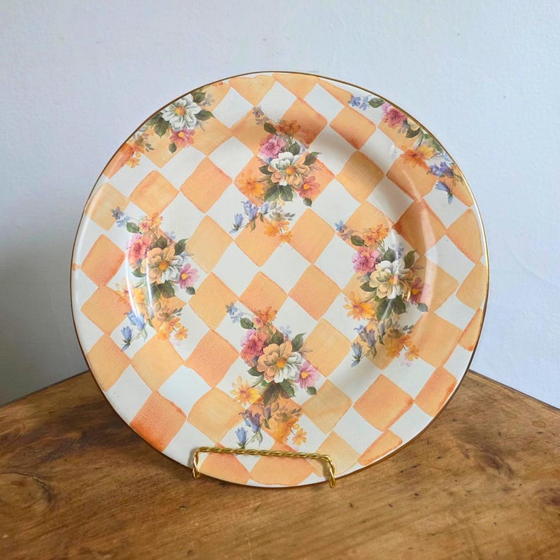 Gingham Checkered Floral Pattern Serving Platter Hand Painted Pottery Terracotta Ceramic Gold Rim Charger Plate Farmhouse Cottage Style Vintage Kitchen Wall Display Peach White Design Dining Accent Hostess Gift Housewarming Present Ornate