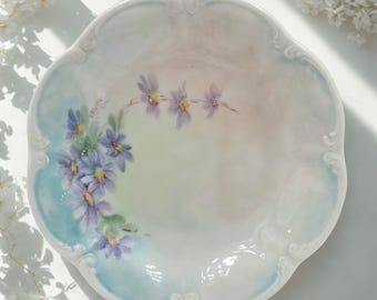 Antique Porcelain Plate Hand Painted Floral Design Purple Flowers German China Collectible Item Bavarian Wall Hanging Display Cabinet