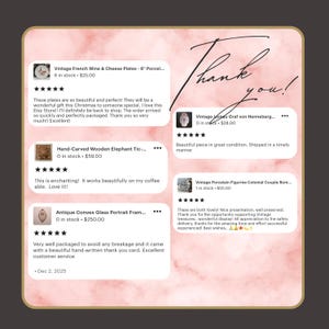 May include: A pink and gold background with customer reviews for vintage items. The reviews mention French wine plates, a wooden elephant tic-tac-toe, and a convex glass portrait frame. The text includes the words "Thank you!"