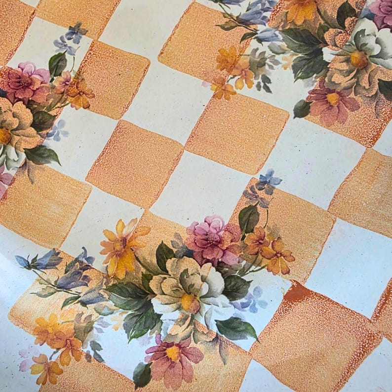 Vintage Mackenzie Childs Hand Painted 12" Gold Rim Terracotta Charger Cottage Style Checker Floral Design Orange Marmalade Collection image 6