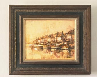 Vintage Framed  Oil Painting Harbor Scene Art Signed Piece Canvas Artwork Boat Nautical Wall Hanging Home Interior European Waterfront