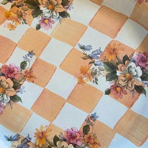 Kitchen Wall Display Serving Platter Hand Painted Pottery Terracotta Ceramic Charger Plate Gold Rim Accent Gingham Checkered Floral Pattern Farmhouse Cottage Vintage Style Peach White Design Dining Entertaining Hostess Gift Housewarming