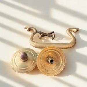 Antique Brass Pull Drawer Hardware Cabinet Handle Swan Neck Bail Dresser Knob Furniture Restoration Period Piece Vintage Fixture Traditional