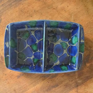 May include: A rectangular ceramic divided dish with rounded corners. The dish is primarily blue, with a pattern of blue and green organic shapes. The shapes are outlined in a lighter color, creating a mosaic effect. The dish is likely for serving snacks or appetizers.