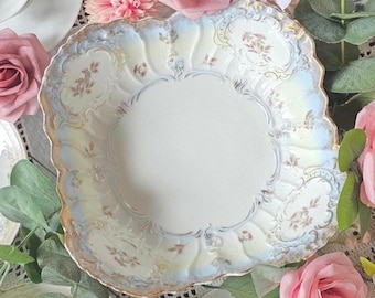 Vintage Wall Display Porcelain Square Bowl German China Shape Scalloped Edge Gold Accent Blue Floral Centerpiece Display Antique Weimar