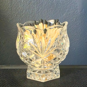 Vintage Diamond Cut Glass Matchstick Holder Dish Fireplace Decoration Table Centerpiece Accent Elegant Hexagonal Base Scalloped Rim