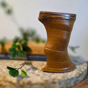 Vintage Handmade Ceramic Vase Unique Design Rustic Style Amber Brown Pottery Vessel Artisan Made Decorative Piece Minimalist Decor Shelf