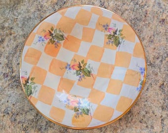 Vintage Mackenzie Childs Dessert Plate Peach Checkerboard Gingham Pattern Saucer Gold Rim Serving Dish Cottage Floral Farmhouse Kitchen